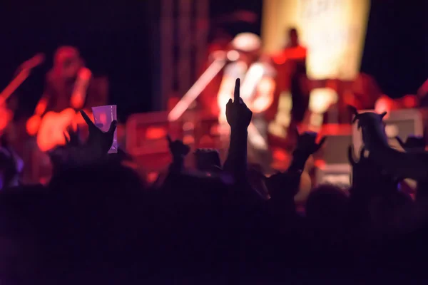 Silhouetten einer Menge jubelnder Fans während eines Live-Konzerts lizenzfreie Stockfotos
