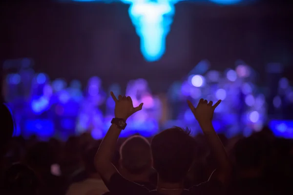 Silhouetten einer Menge jubelnder Fans während eines Live-Konzerts Stockbild