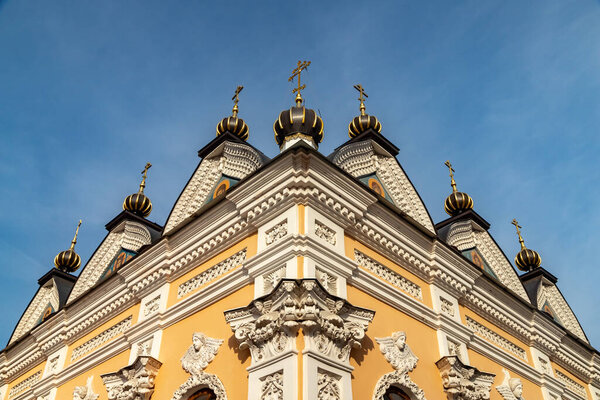St. Nicholas Chapel on the Volga embankment in Rybinsk on a sunny day. Chapel of St. Nicholas the Wonderworker.