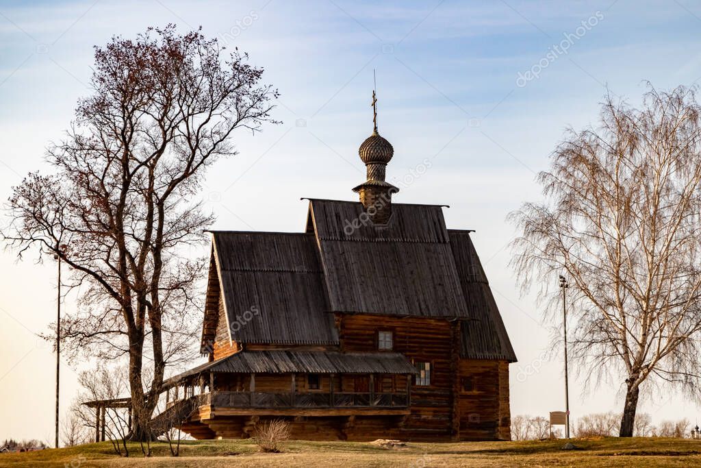 Old wooden St. Nicholas Church on the territory of the Suzdal Kremlin. The Church of St. Nikola in Suzdal.