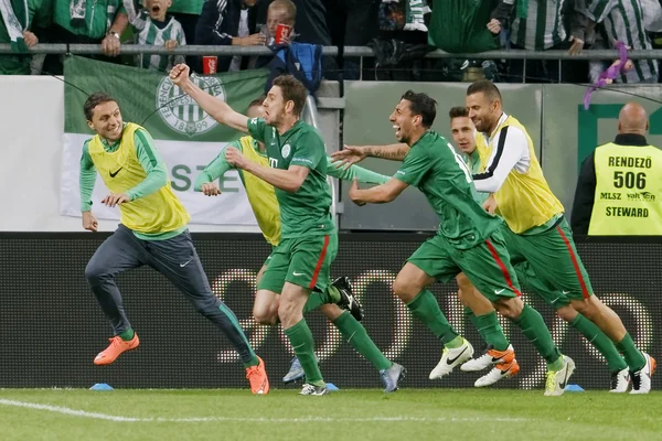 BUDAPEST, HUNGARY - MAY 7, 2016: The Team Of Ferencvarosi TC Celebrate With  The Goblet During The Hungarian Cup Final Football Match Between Ujpest FC  And Ferencvarosi TC At Groupama Arena On