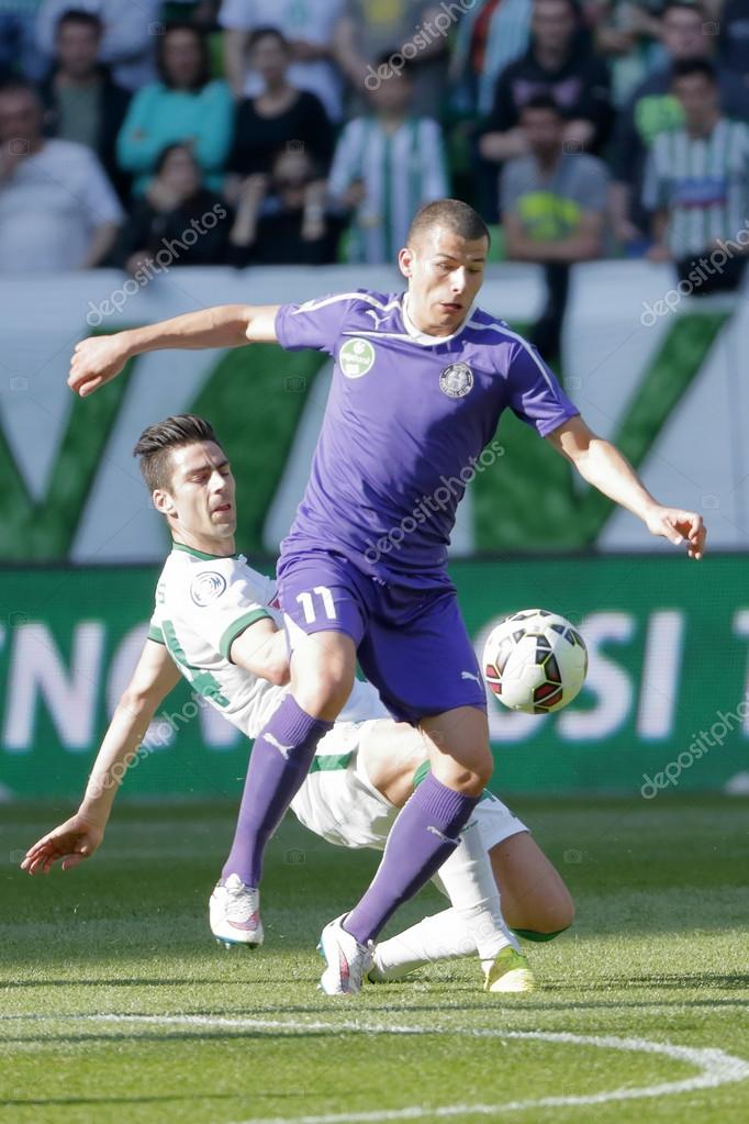 BUDAPEST, HUNGARY - MAY 7, 2016: Robert Litauszki (R) Of Ujpest FC