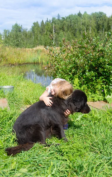 Uma Menina Abraça Grande Cão Preto — Fotografia de Stock