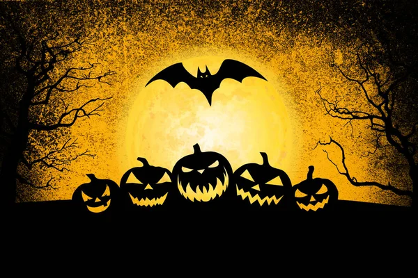 Calabazas Halloween Con Murciélago Contra Luna —  Fotos de Stock