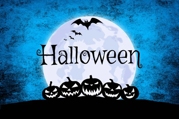 Blå Halloween Bakgrund Med Månen Fladdermöss Och Skrämmande Pumpa — Stockfoto