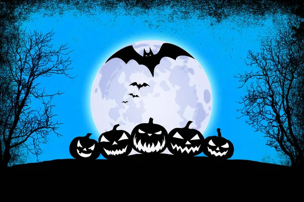 Blauer Halloween Hintergrund Mit Mond Fledermäusen Und Furchterregendem Kürbis — Stockfoto