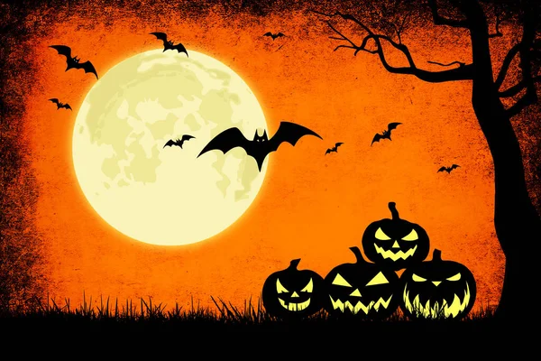 Sfondo Halloween Con Luna Zucche Pipistrelli — Foto Stock