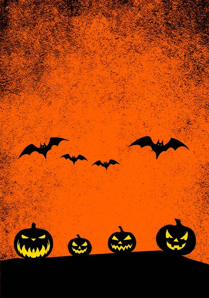 Halloween Grunge Bakgrund Illustration Med Kusliga Pumpor Och Flygande Fladdermöss — Stockfoto