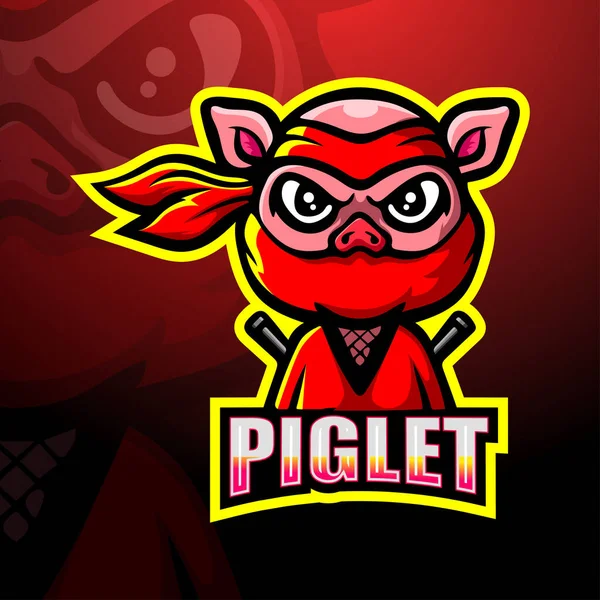 Ninja Piglet Mascota Esport Logo Design — Vector de stock