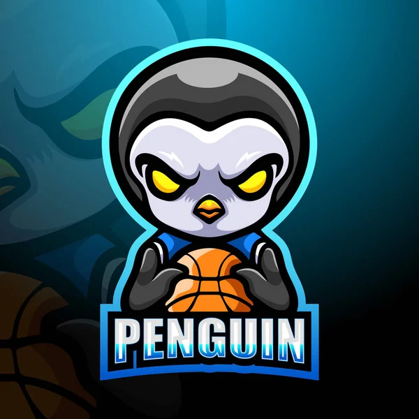 Basketbol Pengueni Maskot Esport Logosu Tasarımı — Stok Vektör