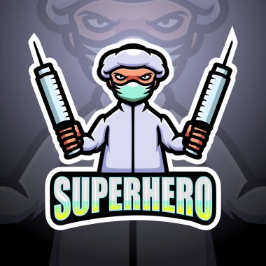 Erkek doktor kahraman maskot esport logo tasarımının vektör çizimi