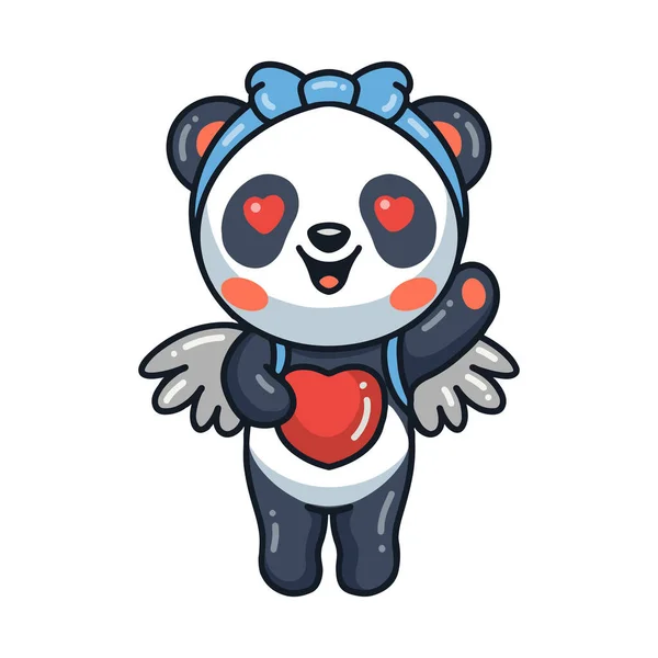 Vektor Ilustrasi Lucu Panda Kecil Malaikat Kartun Dengan Hati - Stok Vektor