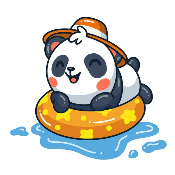Havuz yüzüğünde yüzen şirin panda çizgi filminin vektör çizimi şişirilebilir.