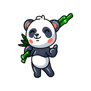 Vector illustration of Cute little panda cartoon holding bamboo