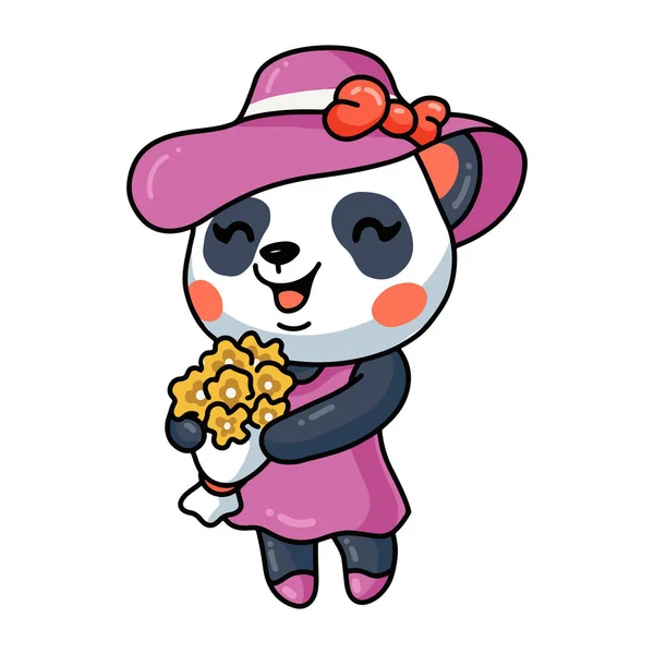 Vektor Ilustrasi Lucu Panda Kecil Gadis Gadis Memegang Bunga - Stok Vektor