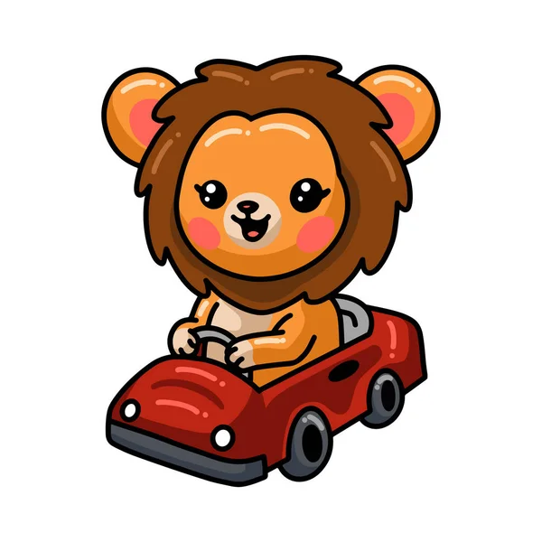 Ilustración Vectorial Dibujos Animados Lindo Bebé León Conducir Coche Rojo — Archivo Imágenes Vectoriales