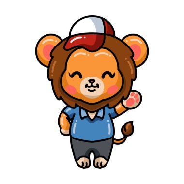 Şapka takan şirin yavru aslan çizgi filminin vektör çizimi