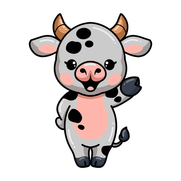 Vector Illustration Cute Baby Cow Cartoon Waving Hand — Stock Vector