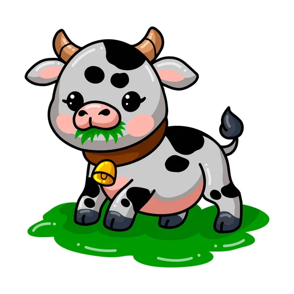 Ilustración Vectorial Lindo Bebé Vaca Dibujos Animados Comer Hierba — Vector de stock