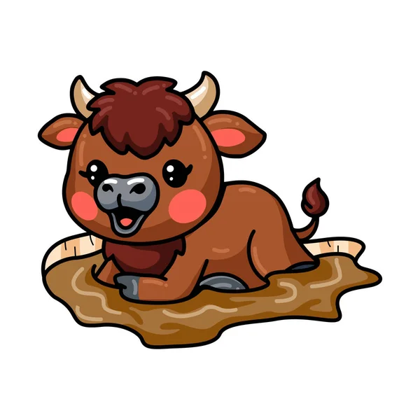 Vector Illustration Cute Baby Buffalo Cartoon Mud — Διανυσματικό Αρχείο