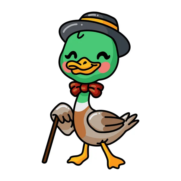 Vector Illustration Cute Little Duck Cartoon Hat Bow Tie — Stock Vector