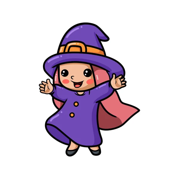 Wektor Ilustracja Cute Little Witch Girl Kreskówka Podnoszenie Rąk — Wektor stockowy