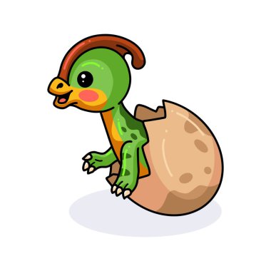 Yumurtadan çıkan şirin küçük parasaurolophus dinozor karikatürünün vektör çizimi
