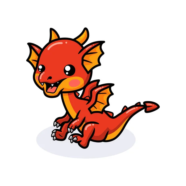 Ilustración Vectorial Lindo Rojo Pequeño Dragón Dibujos Animados Sentado — Archivo Imágenes Vectoriales