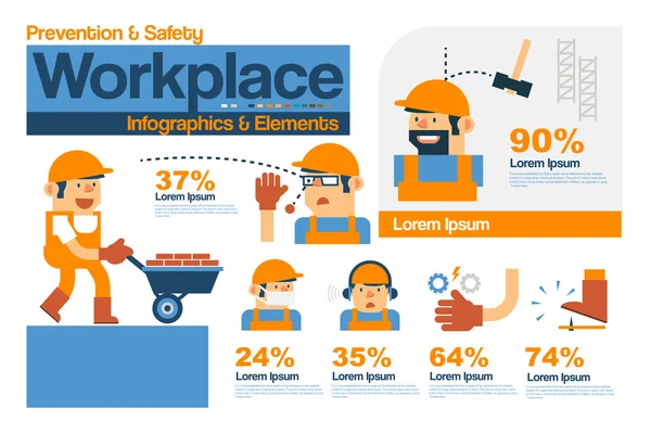 Infográficos vetoriais Segurança e prevenção no local de trabalho, Elementos de segurança Design plano . — Vetor de Stock