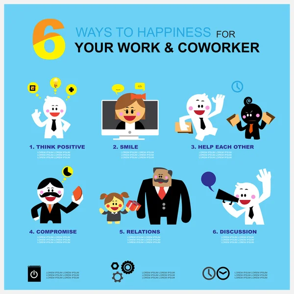 6 cara untuk kebahagiaan pekerjaan Anda dan rekan kerja - Stok Vektor