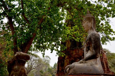 Kırık Buda heykeli ve eski bina