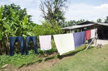 Kuru giysiler için yıkama sonrası clothesline kıyafetlere asmak