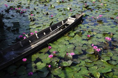 Eski ahşap uzun kuyruk gemiyi durdurup Thale Noi göl nehir