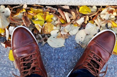 Almanya 'nın Baden Wurttemberg kentindeki Mannheim şehrindeki Friedrichsplatz Meydanı parkında sonbahar mevsimi geldiğinde deri ayakkabı giyen Alman yaprakları yere düşer.