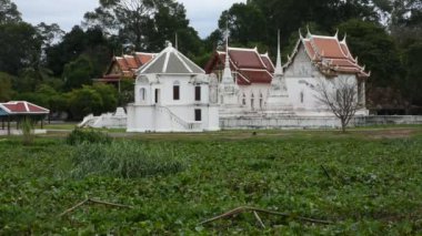 Tayland 'ın Uthaithani şehrinde, Uthaithani şehrinde, Uthaithani şehrinde, Tayland halkı ve yabancı gezginler için Sümbül ve Wat Uposatharam veya Bot tapınağı ile Sakae Krang nehrinin manzarasına bakın.