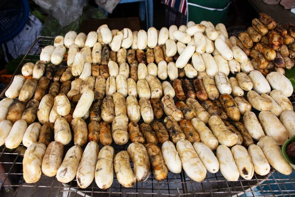 Pisang Awak Ekilmiş Muzlar Yerel Kömür Ocağında Balla Kızartılıp Tayland — Stok fotoğraf