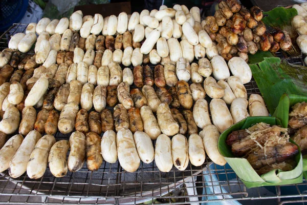 Pisang Awak Ekilmiş Muzlar Yerel Kömür Ocağında Balla Kızartılıp Tayland — Stok fotoğraf