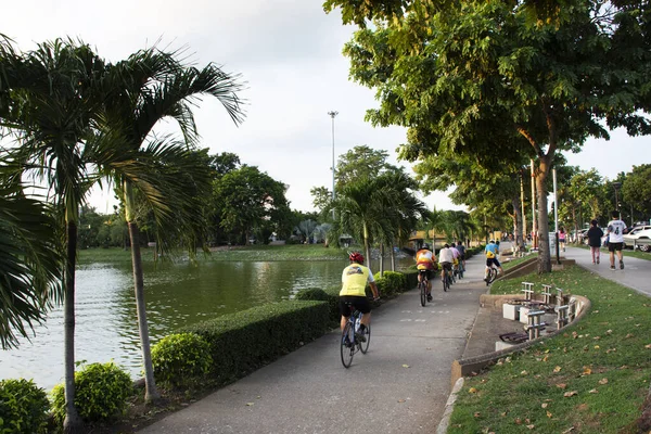 Asian Thai People Foreign Travelers Walking Jogging Exercise Biking Bicycle — Stock Photo, Image