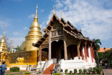 Thai halkı ve yabancı gezginler için altın Chedi stupa Phra Singh 'deki Buda yadigârları. Tayland, Chiang Mai' de bulunan Phra Singh Woramahawihan Tapınağı 'nda Buda' nın meleğine saygılarını sunuyorlar.