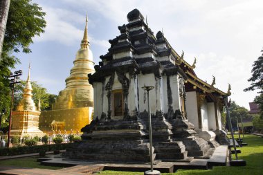 Thai halkı ve yabancı gezginler için altın Chedi stupa Phra Singh 'deki Buda yadigârları. Tayland, Chiang Mai' de bulunan Phra Singh Woramahawihan Tapınağı 'nda Buda' nın meleğine saygılarını sunuyorlar.