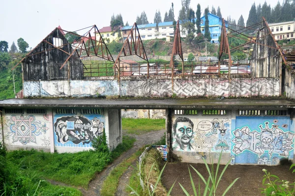 Daños Abandonados Casa Rota Fábrica Personas Indonesias Sibayak Monte Jaranguda — Foto de Stock