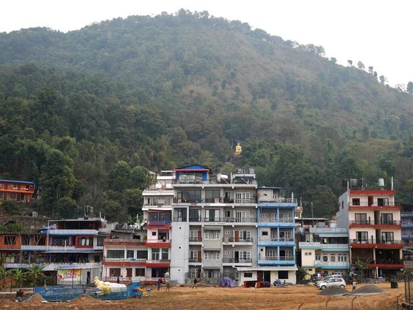 Landskap Berg Och Retro Vintage Byggnad Hus Stadsbild Pokhara Hill — Stockfoto