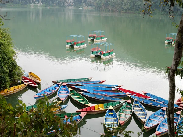 Wooden Canoe Boat Nepali People Floating Phewa Tal Fewa Freshwater — Stock Photo, Image