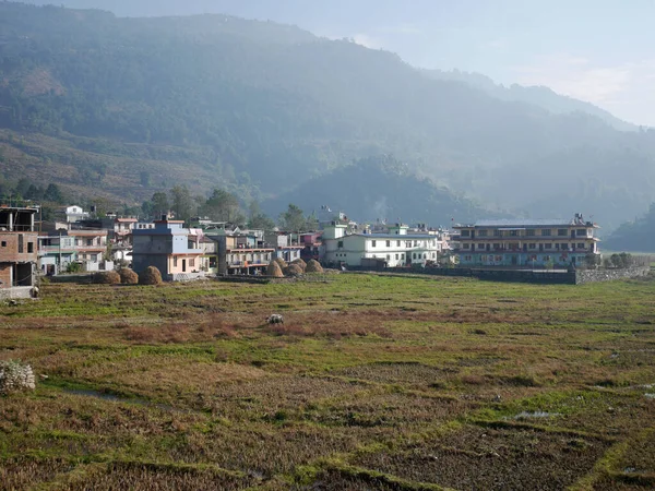 View Landscape Cityscape Small Village Nepali People Transplant Seeding Paddy — Stock Photo, Image