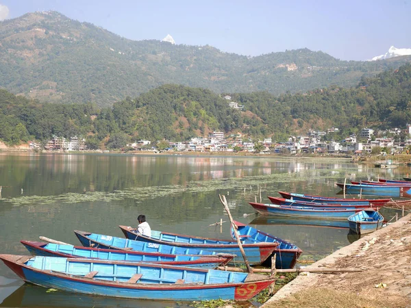 Barca Canoa Legno Nepali Galleggianti Phewa Tal Fewa Freshwater Lake — Foto Stock