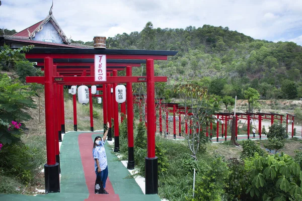 Asian Travelers Thai Women Travel Visit Posing Portrait Red Torii — Stock Photo, Image