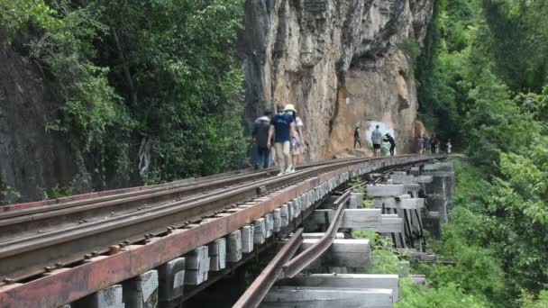 Viaggiatori Thailandesi Stranieri Che Camminano Binario Tra Montagna Del Passaggio — Video Stock