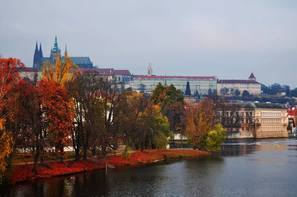 秋天时分 捷克首都普拉哈市和Vltava河的风景名胜古迹 在捷克首都布拉格的花园公园里 外国游客们散步放松旅行 — 图库照片