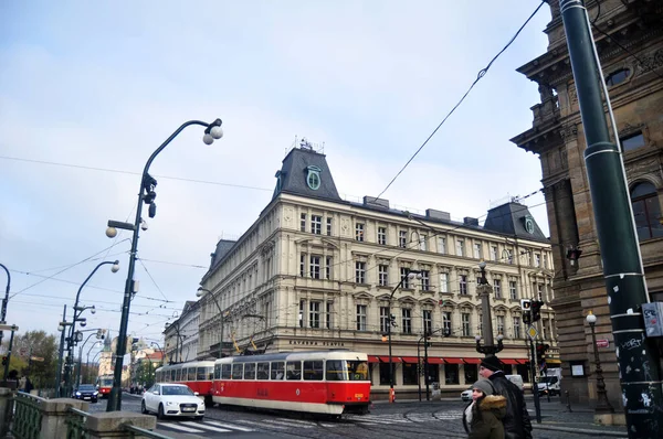 Czech People Foreign Travelers Use Retro Tramway Destination Travel Visit — стоковое фото