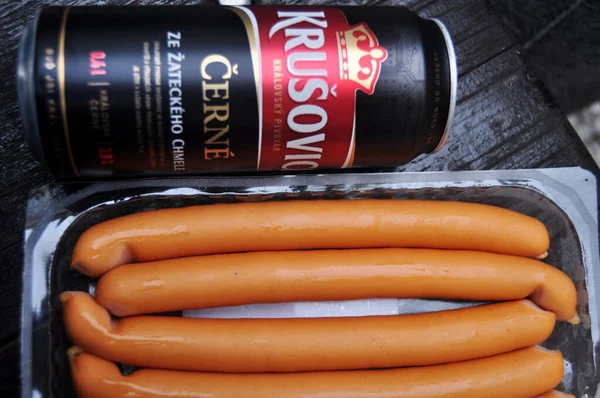 Hotdog Sausage Soft Drinks Beer Czechia People Foreign Travelers Eat — Stock Photo, Image